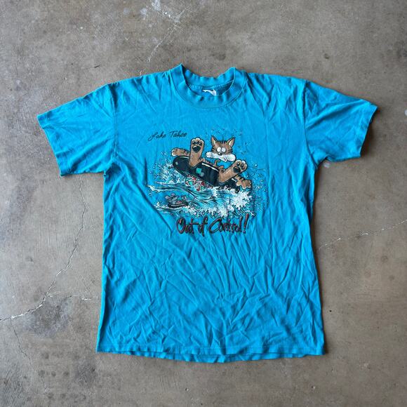 VINTAGE 90S FUNNY LAKE TAHOE CAT T-SHIRT DOUBLE SIDED GRAPHIC MENS LARGE - Picture 2 of 6